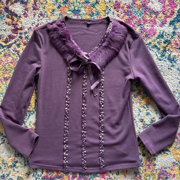 90s Purple Coquette Sweater with Genuine Fur Trim & Ribbon Details — S/M - Picture 1 of 5